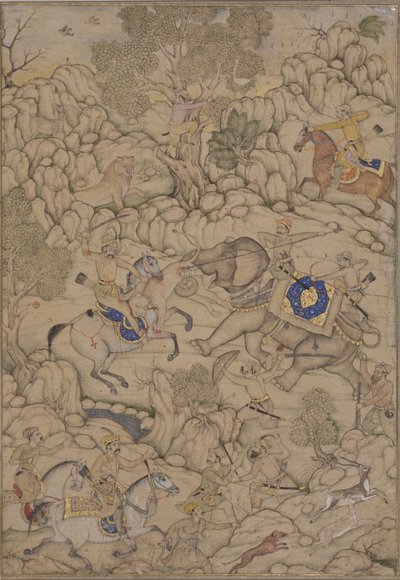 Gevaar bij een leeuwenjacht, c.1600 door Indian School
