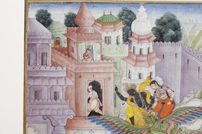 (detail) Krishna splijt de demon Narakasura met zijn discus, c.1585-90 door Indian School