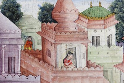 (detail) Krishna splijt de demon Narakasura met zijn discus, c.1585-90 door Indian School