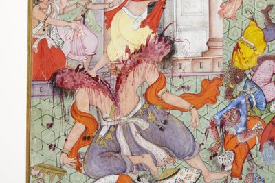 (detail) Krishna splijt de demon Narakasura met zijn discus, c.1585-90 door Indian School