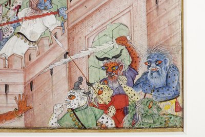 (detail) Krishna splijt de demon Narakasura met zijn discus, c.1585-90 door Indian School