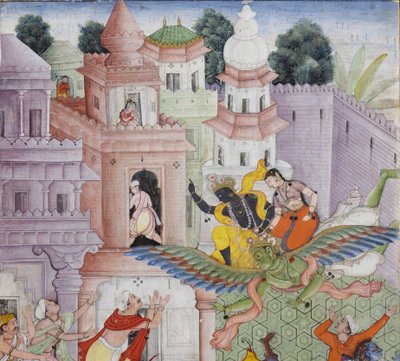 (detail) Krishna splijt de demon Narakasura met zijn discus, c.1585-90 door Indian School
