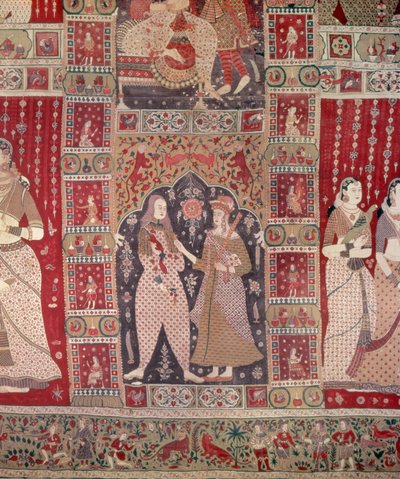 Detail van een wandkleed versierd met Europese figuren door Indian School