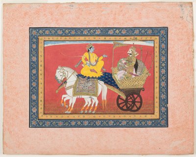 Dialoog tussen Krishna en Arjuna op het slagveld van Kurukshetra door Indian School
