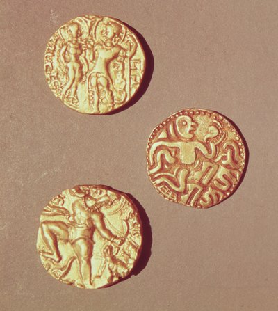 Dinars van Kumargupta I (425-454), Chandragupta I (320-335) en Sri Rajray door Indian School