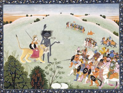 Durga en Kali voor het oprukkende leger van demonen, c.1800-1820 door Indian School