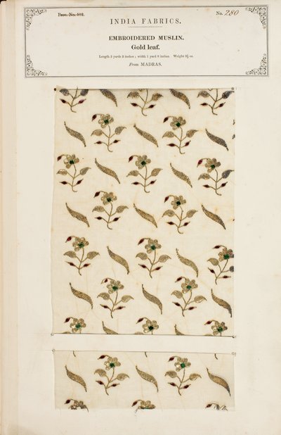Geborduurd mousselinemonster uit Madras, uit De Collectie van de Textielfabrikanten van India, door John Forbes Watson, gepubliceerd in 1866 door Indian School