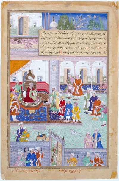 Keizer Babur aan het hof, Mughal-periode, regering van Akbar door Indian School