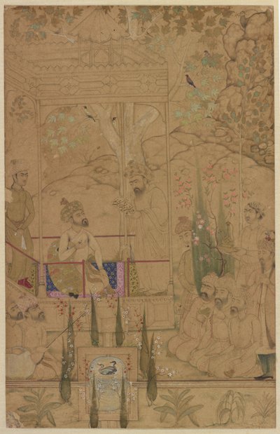 Keizer Babur met Begeleiders in een Tuin, ca. 1590 door Indian School