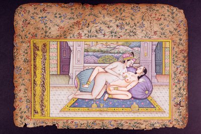 Erotische scène in een luxueuze boudoir, Rajasthani miniatuurschilderij door Indian School