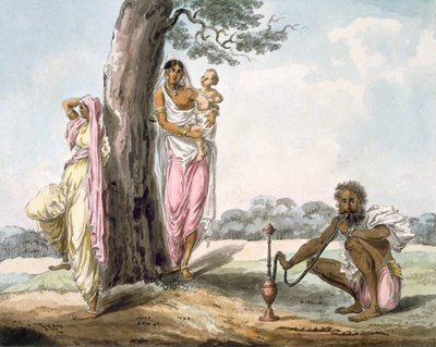 Familie: Man die een waterpijp rookt en meisje dat yoga doet, ca. 1850 door Indian School