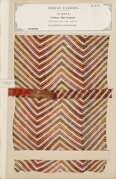 Fijn katoenen tulbandmonster uit Jeypoor in Rajpootana, uit The Collection of the Textile Manufacturers of India, door John Forbes Watson, gepubliceerd in 1866 door Indian School