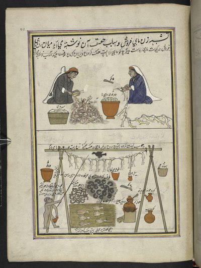 Vishandelaren, vrouwen die vis schoonmaken; man die vis droogt, 86 tekeningen gebonden in een volume met afbeeldingen van beroepen en ambachten in Kasjmir, ambachtslieden worden getoond aan het werk met hun gereedschap en uitrusting, door een Kasjmir-kunst door Indian School