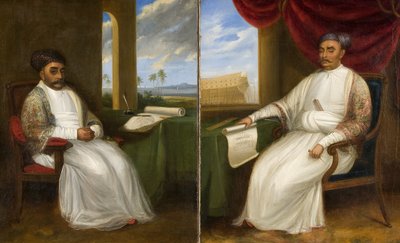 Volledig portret van de Parsi meester-scheepsbouwer Jamsetjee Bomanjee en zijn zoon, Nourojee Jamsetsee door Indian School