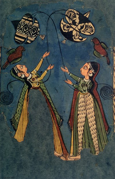 Meisjes vliegeren, Kulu volkschilderij door Indian School