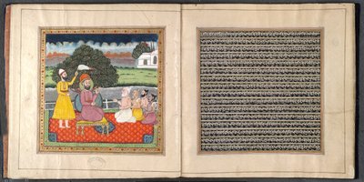 Guru Nanak, de stichter van de Sikh-religie, in discussie met hindoe-heiligen door Indian School
