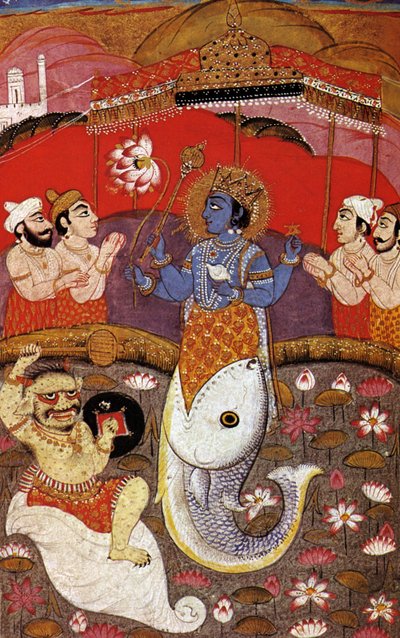 HINDOEÏSME Vishnu, tweede godheid van de hindoeïstische drie-eenheid, 20e eeuw (prent) door Indian School