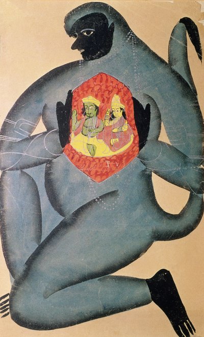 Hanuman onthult Rama en Sita in zijn hart, geschilderd door een lid van de Patua-kaste, 1880 door Indian School