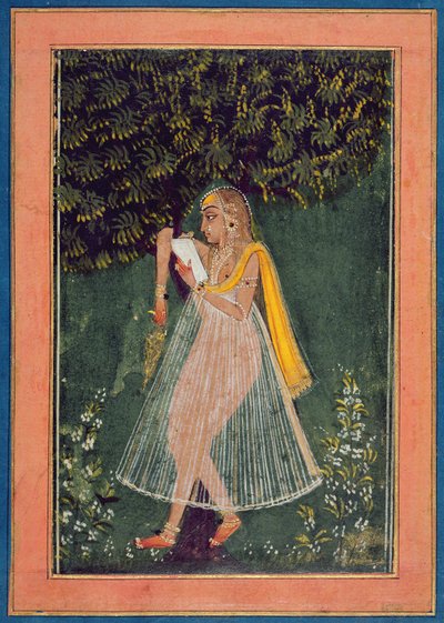 Hindoe dame leest een liefdesbrief onder een boom (gouache, inkt  goud op papier) door Indian School