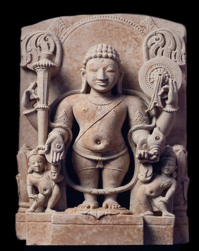 Hindoeïsme: voorstelling van Vishnu - Beeldhouwwerk van zandsteen, Mathura School, Kouchan Rijk door Indian School