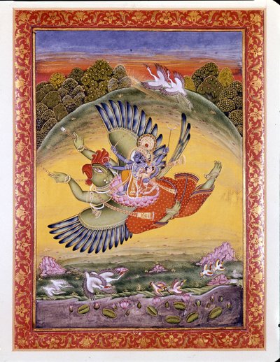 Hindoeïsme: voorstelling van de vogel Garuda die Vishnu draagt, een grote hindoeïstische godheid, en zijn vrouw Lakhmi door Indian School