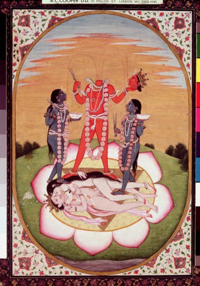 Icoon van Chinnamasta, de Mahavidya die voortkomt uit de samengevoegde lichamen van het Oorspronkelijke Paar, Kangra, ca. 1800 door Indian School