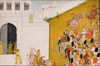 Illustratie bij de Ramayana: Rama betreedt Mithila om een boogschietwedstrijd te houden, c.1775-80 door Indian School