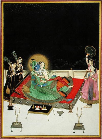 Radha en Krishna bewonderen zichzelf in de spiegel, ca. 1800 door Indian School