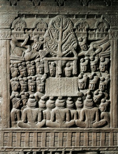 Indiase kunst, hindoeïsme: laag reliëf dat Yaksha-geesten voorstelt, 2e eeuw voor Christus. Kolkata, Indian Museum door Indian School