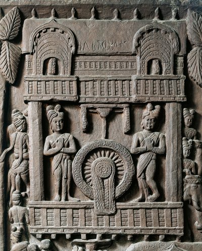 Indiase kunst, hindoeïsme: reliëf dat het laatste bezoek van koning Prasenjit II aan Gautama Boeddha (Boeddha) voorstelt. 2e eeuw voor Christus. Kolkata, Indian Museum door Indian School