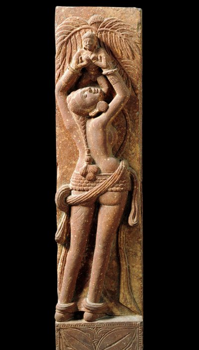 Indiase kunst: reliëfvoorstelling van een moeder en haar kind. Periode Kouchane 1e eeuw - New Delhi, nationaal museum door Indian School