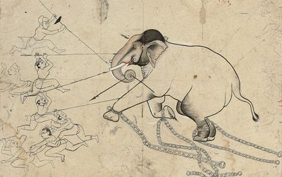 Isarda of kotah voorbereidende tekening van het temmen van een olifant, ca. 1720 door Indian School