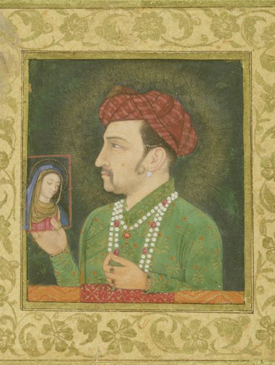 Jahangir met een afbeelding van de Madonna in zijn hand, met inscriptie in het Perzisch: Janhangir Shah, Mughal door Indian School