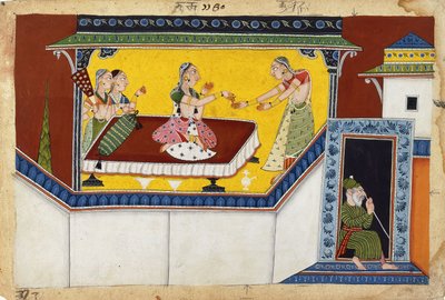 Kaikeyi, de tweede koningin van koning Dasaratha, beloont de gebochelde dienstmeid Manthara (ca. 1690-1700) door Indian School