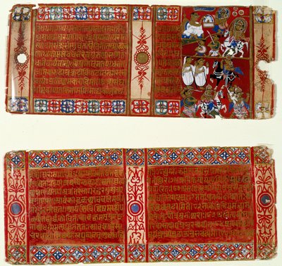 Kalaka wordt een Jain monnik; Kalaka ontvoert de non, twee bladeren uit een verspreid Jain manuscript van de Kalakacharya-katha, Uttar Pradesh, ca. 1465 door Indian School