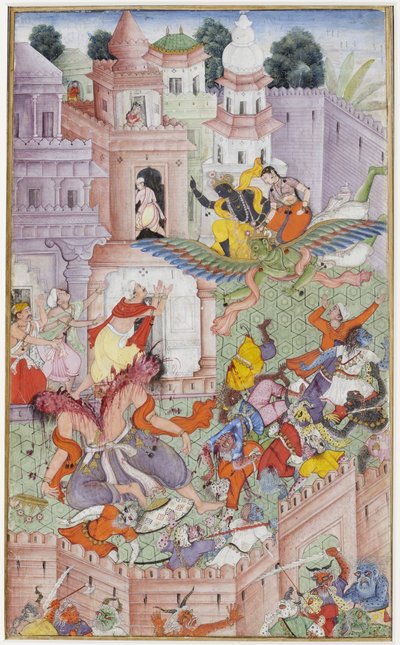 Krishna splijt de demon Narakasura met zijn discus, c.1585-90 door Indian School
