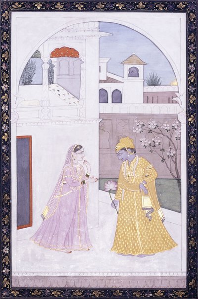 Krishna staat met een lotusbloem, zijn geliefde in een roze sari, ca. 1800 door Indian School