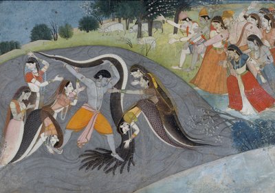 Krishna die Kaliya, de Slangendemon, bedwingt, ca. 1785 door Indian School