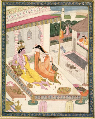 Krishna en Radha op een bed in een Mogol paleis, Punjab, c.1860 door Indian School