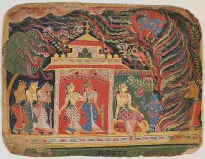 Krishna meegenomen door de Wervelwind Demon, uit een Bhagavata Purana. c.1520-30 door Indian School
