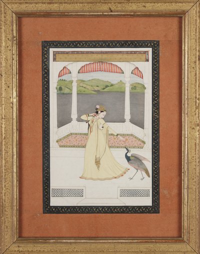 Dame die een pauw lokt met een parelketting, c.1800 door Indian School