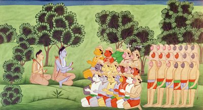 Lakshmana raadpleegt de hoofden van de apenlegers, uit de Ramayana door Indian School