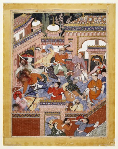 Geleid door Songhur Balkhi en Lulu de Spion, de Ayyars snijden de kelen van gevangenisbewakers door en bevrijden Said Farrukh-Nizhad, 1557 - 1572 door Indian School