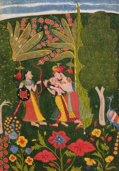Geliefden die elkaar omhelzen in een bos, Bundi, ca. 1650 door Indian School