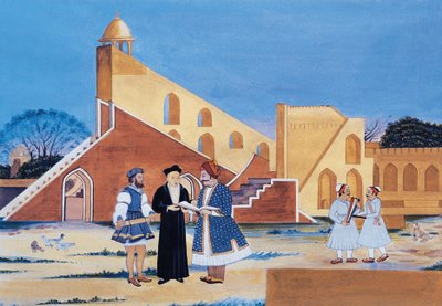 Maharaja Sawai Jai Singh II schilderij, Jantar Mantar, Jaipur, Rajasthan, India (aquarel op papier) door Indian School