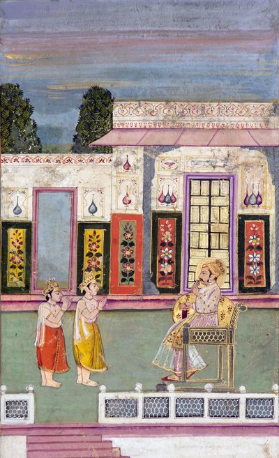 Maharaja Sawai Jai Singh begroet door twee gekroonde mannen door Indian School