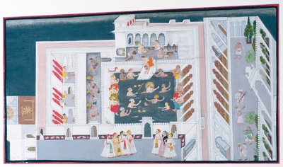 Maharana Jagat Singh II speelt in een paleiszwembad, c.1746-50 door Indian School