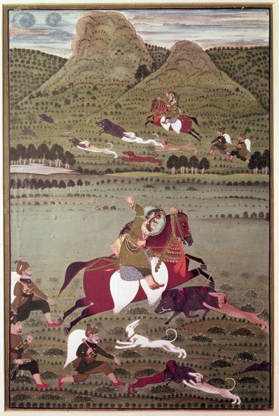 Maharana Jawan Singh (reg.1828-38) van Mewar op wilde zwijnenjacht, Udaipur door Indian School