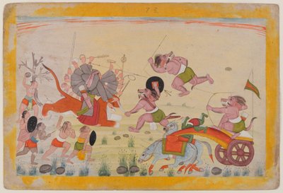 Mahasura valt de Devi aan, folio uit een verspreide Devi Mahatmya-serie door Indian School