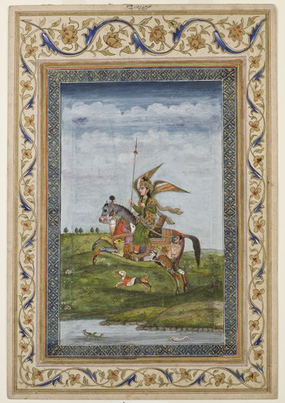 Miniatuur met een scène van een gevleugeld figuur op een paard, waarschijnlijk Delhi school, Mughal, Indiaas, vroege 19e eeuw door Indian School